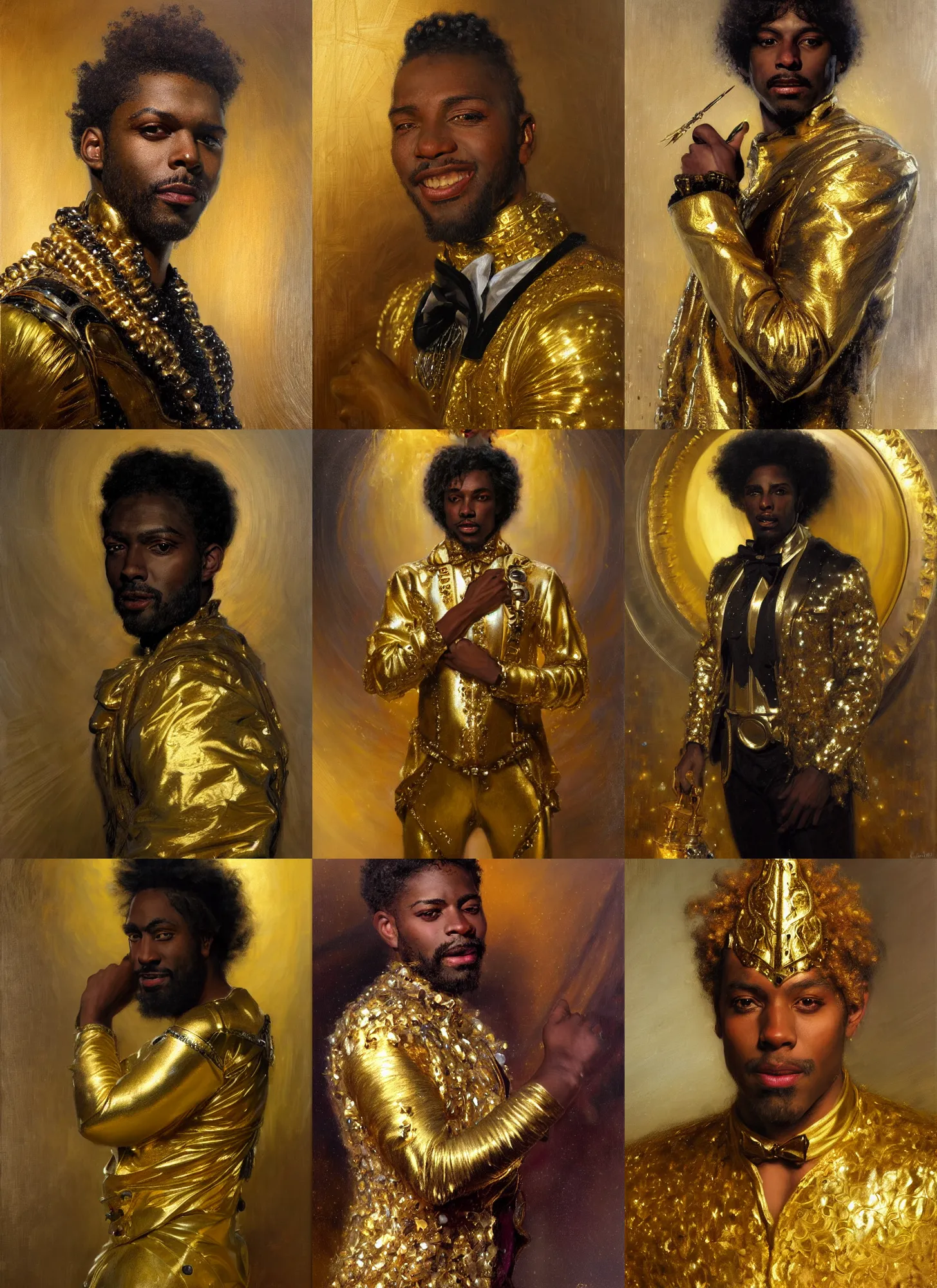 Prompt: portrait of a black man dressed in a gold and silver costume, head shoot, art by alex heywood and gaston bussiere, albert lynch, fantasy art, reimagined by industrial light and magic, oil on canvas, hd