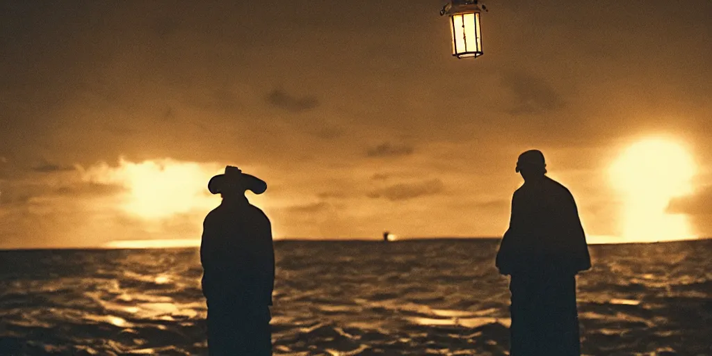 Image similar to film still of closeup old man holding up lantern by his beach hut at night. pirate ship in the ocean by emmanuel lubezki