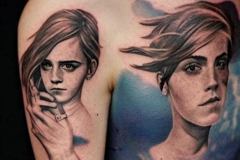 Image similar to emma watson, dope tattoo, hyperrealistic