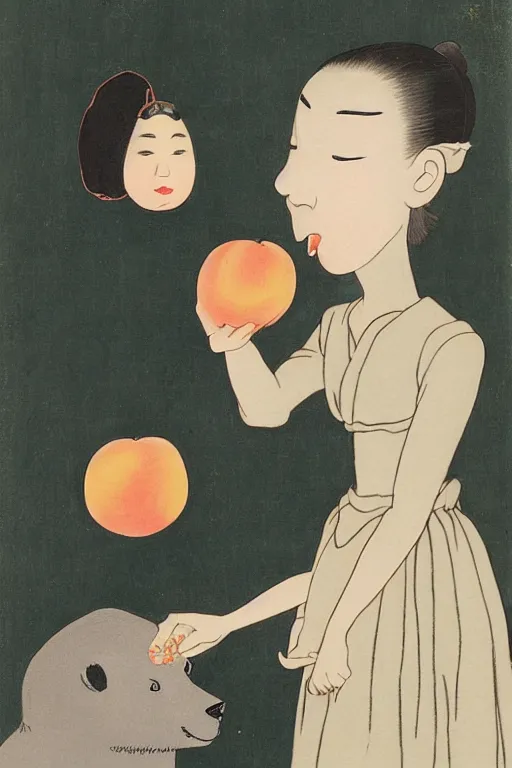 Image similar to portrait of a girl giving a peach to a large anthropomorphic asian black bear, in the style of foujita tsuguharu