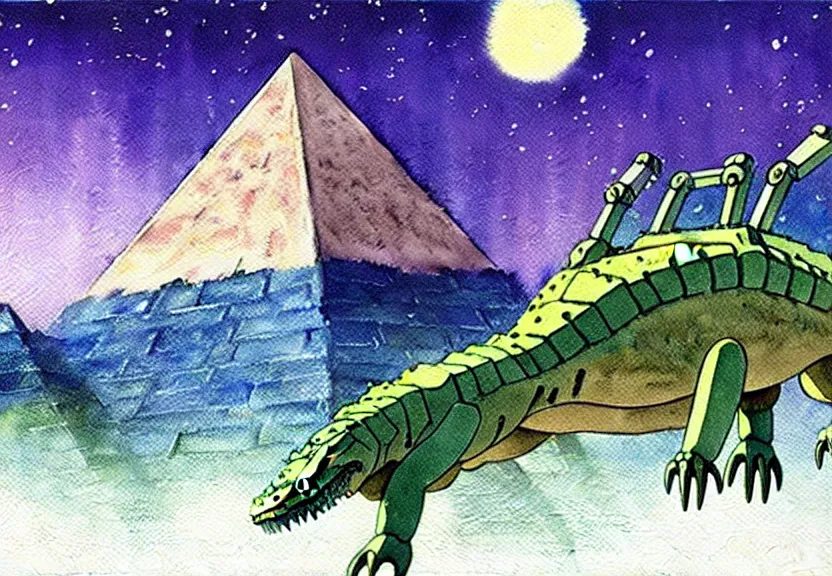 Prompt: a hyperrealist watercolor concept art from a studio ghibli film showing a giant mechanized crocodile from howl's moving castle ( 2 0 0 4 ). a pyramid is under construction in the background, in the rainforest on a misty and starry night. a ufo is in the sky. very dull muted colors. by studio ghibli