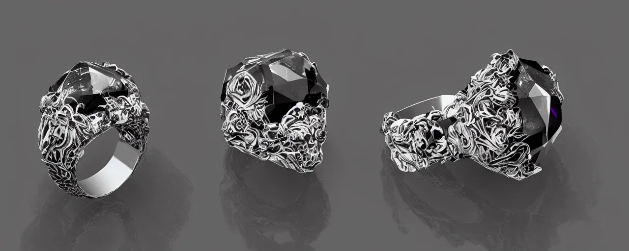 Image similar to black magic crystal ring, fire, flame, crystal, engravings, diamonds, product design, art by gerald brom, greg rutkowski and artgerm, photo realism, unreal engine, c 4 d