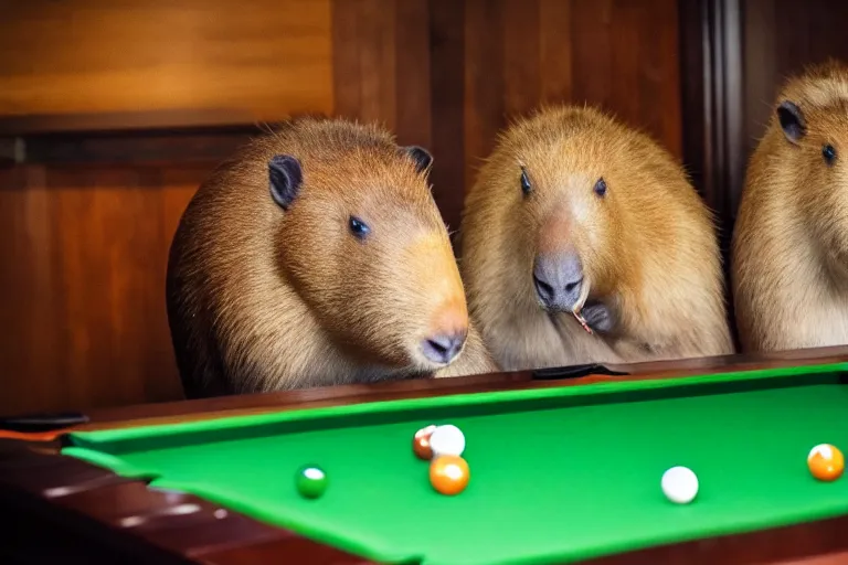 Image similar to capybaras sitting at pool table contemplating life and smoking cigars