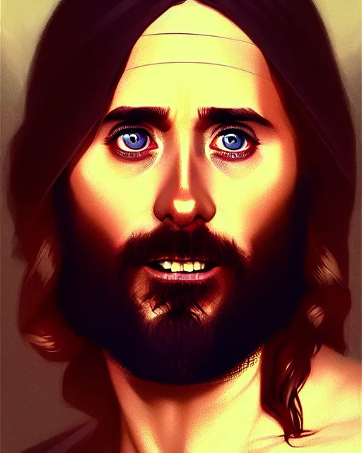 Prompt: stylized jared leto as jesus christ on cross, moody cinematic colors, one single head, realistic shaded, fine details, realistic shaded lighting poster by ilya kuvshinov, magali villeneuve, artgerm, jeremy lipkin and michael garmash and rob rey