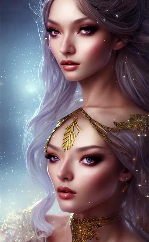 Image similar to a fantasy photo of gorgeous russian female, evening gown, bokeh, medium shot, beautiful face, professionally retouched, soft lighting, realistic, smooth face, perfect eyes, sharp focus, 8 k realistic high definition, insanely detailed, intricate, elegant, art by artgerm and kyoung hwan kim