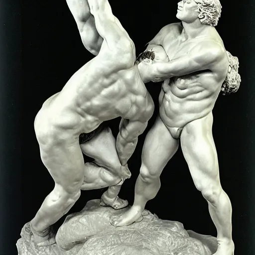 Image similar to conan o'brien and andy richter wrestling, by rodin, marble