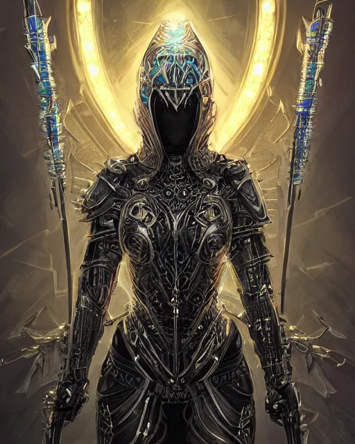 Prompt: the omnipotent assassin, vivid award winning digital artwork, intricate black sharp iridescent hooded semi - cybernetic armour, beautiful iridescent technology and weapon, long metal spikes, glowing skin face, detailed realistic, specular colors, bejewelled ornate royal, character art by greg rutkowski and artgerm