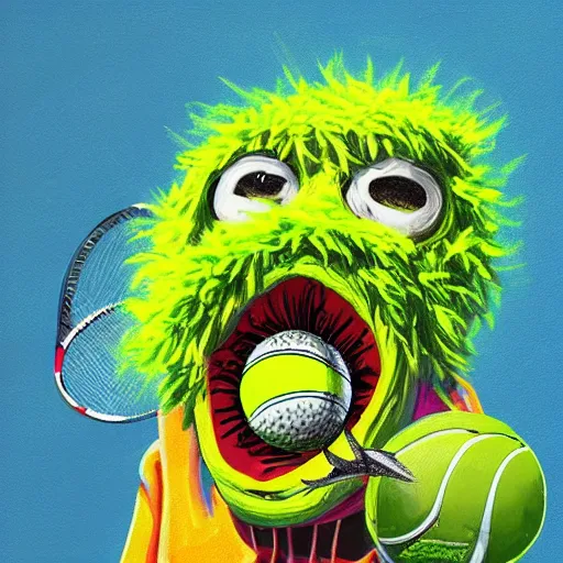 Image similar to a tennis ball monster with angel halo and wings, balaclava, tennis ball, urban, hip hop, rap, colorful, digital art, fantasy, magic, trending on artstation, ultra detailed, professional illustration by Basil Gogos