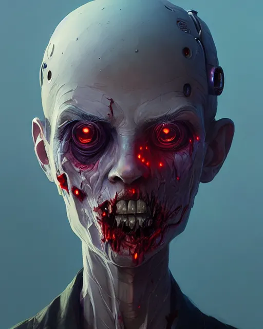 Image similar to highly detailed vfx portrait of a character of a zombie robot, stephen bliss, unrealengine, greg rutkowski, loish, rhads, beeple, makoto shinkai and lois van baarle, ilya kuvshinov, rossdraws, tom bagshaw,