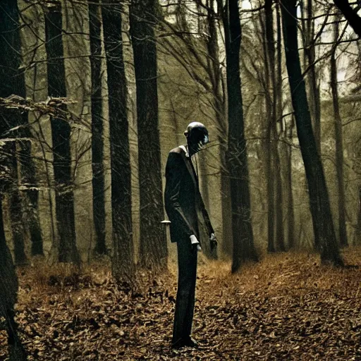 Image similar to Slender man in the woods at night, horror photography, creepy pasta. sharp focus