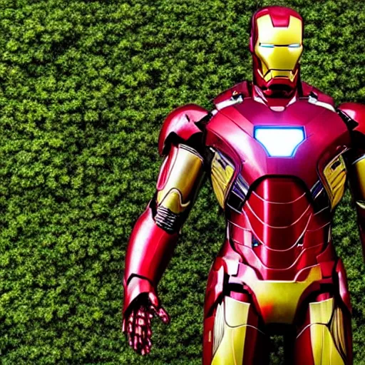 Image similar to abandoned iron man suit, overgrown and covered in vines, 4k realistic photo