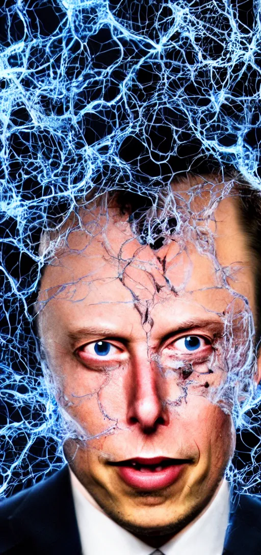 Image similar to horror picture of elon musks face dissolving into tubes and wires, 4K,