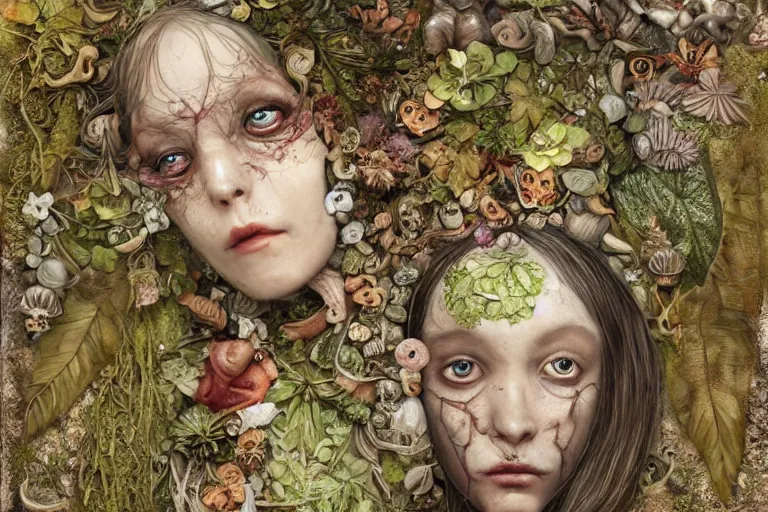 Image similar to beautiful and detailed rotten woman corpse with fractal plants and fractal flowers and mushrooms growing around, face muscles, veins, arteries, intricate, ornate, surreal, ray caesar, john constable, guy denning, dan hillier