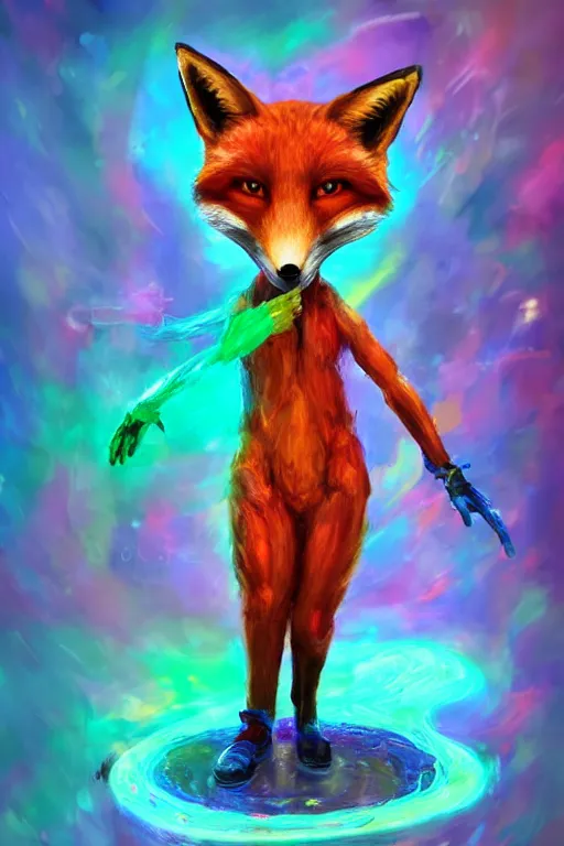 Image similar to a humanoid fox wearing scientist's clothes and doing experiments with colorful chemicals, digital painting, masterpiece, digital art, high quality, highly detailed, concept art, trending on deviantart, high coherence, anatomically correct, five fingers, cinematic, high definition, path traced