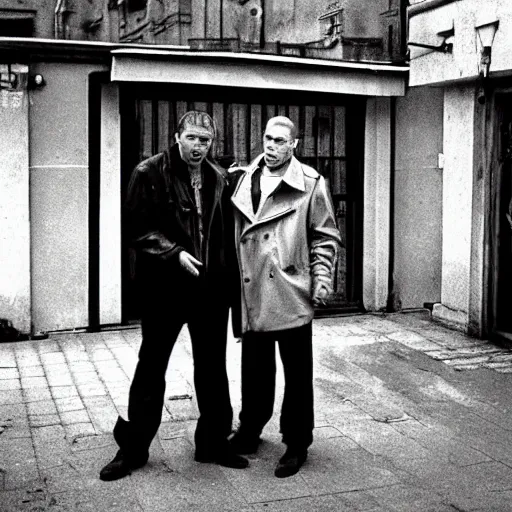 Prompt: portrait of alexandr zembatov and mikhail alontsev posing on a street in gangsta comedy of 1990s, movie shot, Lock, Stock and Two Smoking Barrels