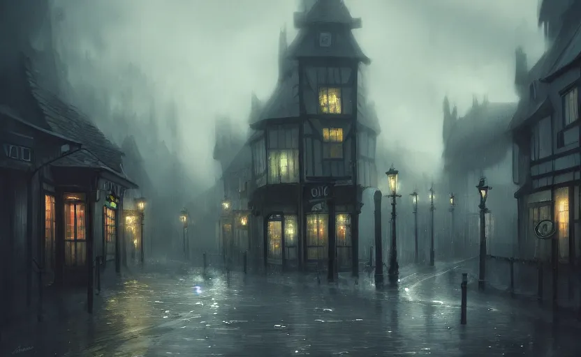 Prompt: rainy old england town, dramatic mood, cozy environment, inspired by legends of runeterra, trending on artstation, concpet art
