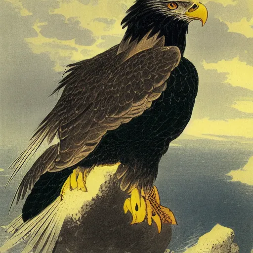 Prompt: portrait of a japanese eagle rogue by jack kirby, italo calvino and ivan aivazovsky