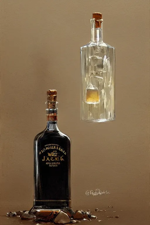 Image similar to imagine a ship in a bottle but instead of a ship jack black is in the bottle, jack black, fancy whiskey bottle, masterpiece painting by greg rutkowski