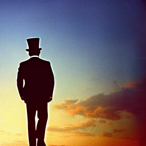 Prompt: the godfather wears a top hat. 5 0 mm, cinematic, technicolor. sea and beach and a man in the background. sunset lighting.