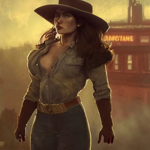 Image similar to fallout 5, charismatic beautiful, rugged, brunette female protagonist wearing a cowboy - hat, portrait, outdoors ruined cityscape, atmospheric lighting, painted, intricate, volumetric lighting, beautiful, foggy, daytime, slight overcast weather, sharp focus, deep colours, ultra detailed, by leesha hannigan, ross tran, thierry doizon, kai carpenter, ignacio fernandez rios