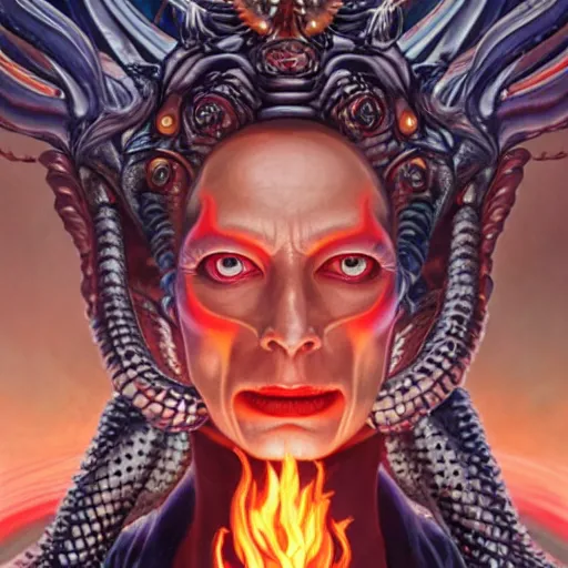 Prompt: queen of hell portrait of Tilda Swinton, fire and flame, big long hell serpent octopus, Pixar style, by Tristan Eaton Stanley Artgerm and Peter Mohrbacher and Tom Bagshaw and Boris Vallejo.