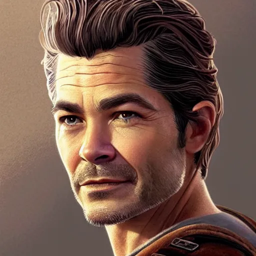 Prompt: A combination of Timothy Olyphant's and Orlando Bloom's and Chris Pine's faces as Nathan Drake, western, D&D, fantasy, intricate, elegant, highly detailed, digital painting, artstation, concept art, matte, sharp focus, illustration, art by Artgerm and Greg Rutkowski and Alphonse Mucha