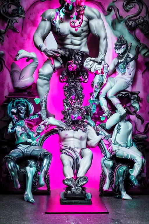 Prompt: full-body rococo and cyberpunk style neon statue of a muscular attractive Rafael wearing cholo shades macho dotado e rico android sim roupa reclining con las piernas abertas e la piroca dura, ethereal white dripping tar, glowing orange lasers, pink tigers, glowing eyes, silver prince crown, black gears, pink diamonds, swirling mint-colored silk fabric. futuristic elements. full-length view. human skulls. large intricate artwork by caravaggio. Trending on artstation, octane render, cinematic lighting from the right, hyper realism, octane render, 8k, depth of field, 3D