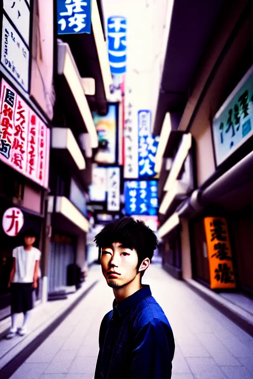 Prompt: photography masterpiece by haruto hoshi, portrait of young japanese man in the streets of osaka, shot with a 3 5 mm lens aperture f / 5. 6, kodak ultramax iso 4 0 0 filmstock, hyper realistic, octane render, volumetric lighting