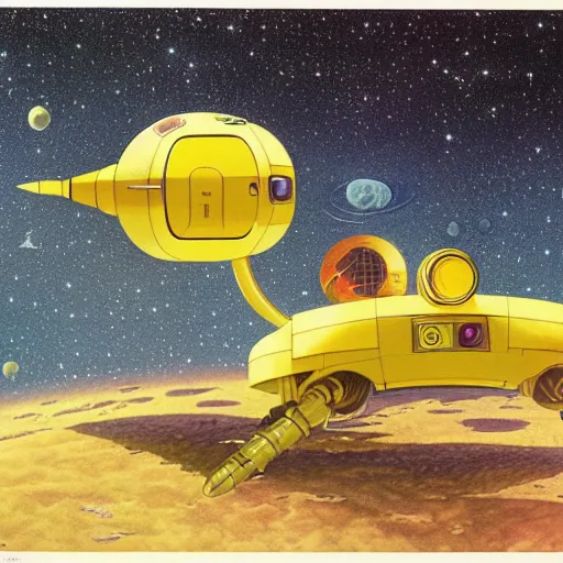 Image similar to little yellow spaceship with robot arm, in outer space, Ron cobb, Yoshitaka Amano, 1980s, science fiction