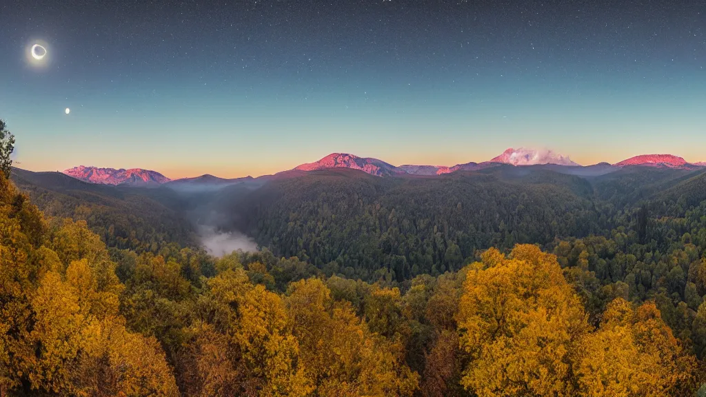 Image similar to Panoramic photo where the mountains are towering over the valley below their peaks shrouded in mist. The moon is just peeking over the horizon and the sky is covered with stars and clouds. The river is winding its way through the valley and the trees are starting to turn yellow and red