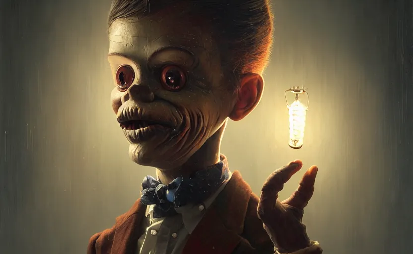 Prompt: highly detailed portrait of a ventriloquist dummy, in dead silence, stephen bliss, unreal engine, fantasy art by greg rutkowski, loish, rhads, ferdinand knab, makoto shinkai and lois van baarle, ilya kuvshinov, rossdraws, tom bagshaw, global illumination, radiant light, detailed and intricate environment