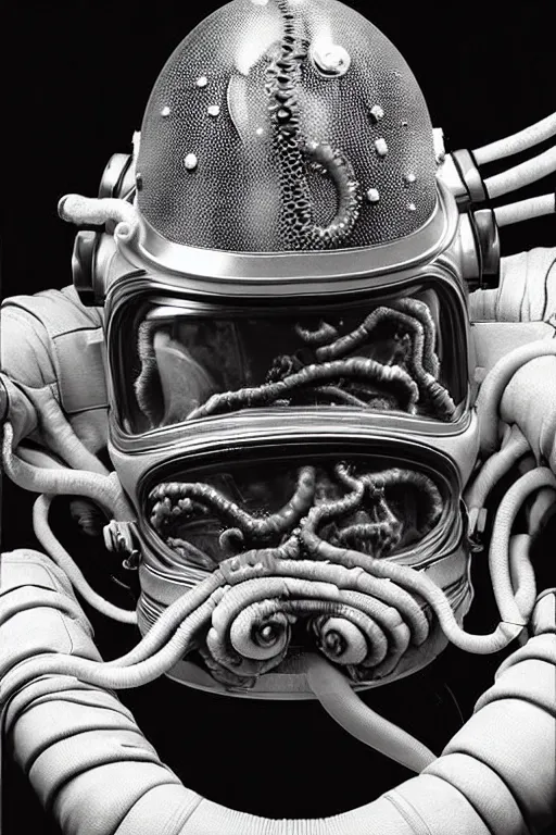 Prompt: extremely detailed studio portrait of space astronaut, alien tentacle protruding from eyes and mouth, slimy tentacle breaking through helmet visor, shattered visor, full body, soft light, disturbing, shocking realization, hyper detailed, award winning photo by herb ritts