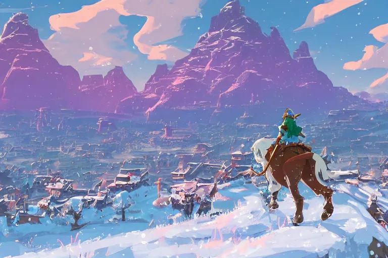 Prompt: snowy Landscape and a village in the background in the style of zelda breath of the wild