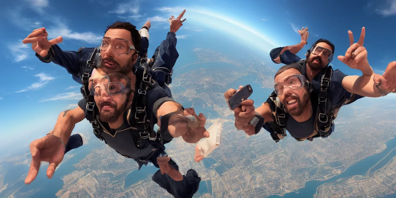 Prompt: Jesus taking a selfie while skydiving, gta artstyle, dramatic, hyperdetailed, artstation, photorealism, accurate, octane render, 8k,