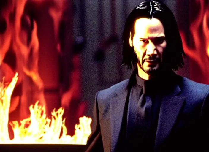 Image similar to Film still of Keanu Reeves as Neo in The Matrix movie doing a thumb up to the camera in front on burning servers, servers in flames in the background, doing a thumb up, The Matrix servers on fire, uncropped, full body, crispy, symmetrical face, ultra detailed, cinematic