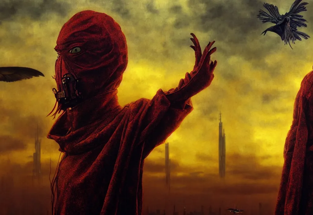 Image similar to realistic detailed portrait movie shot of a birdman wearing dark ragged robes, futuristic city sunset landscape background by denis villeneuve, amano, yves tanguy, alphonse mucha, ernst haeckel, max ernst, roger dean, rich moody colours, cinematic closeup