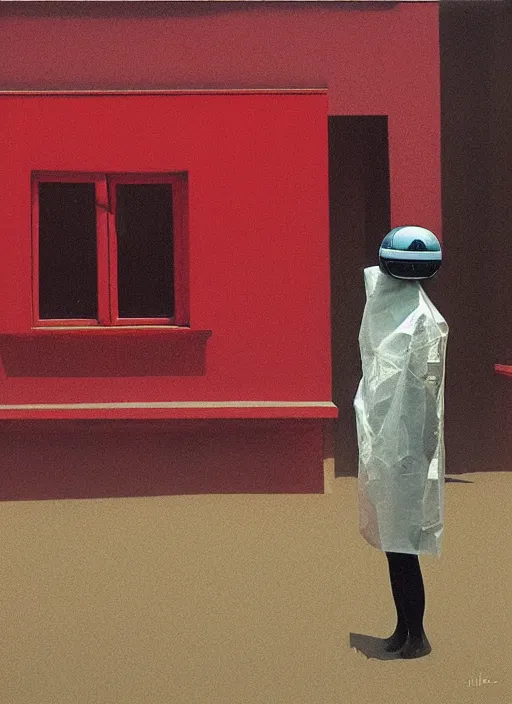 Image similar to woman in VR helmet made of paper bag, dressed in transparent red plastic bags, on flooded street Edward Hopper and James Gilleard, Zdzislaw Beksinski, highly detailed