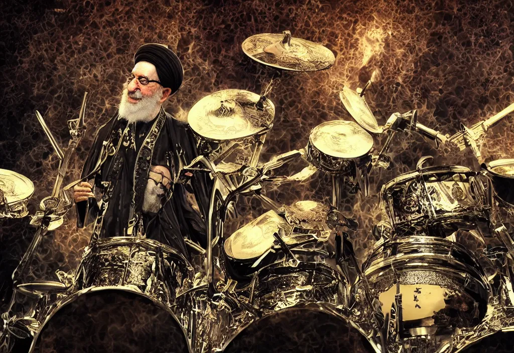 Image similar to khamenei playing drums in heavy metal band in hell, high definition, trending on artstation, unreal engine, photorealistic, high resolution,, trending on deviantart, hdr, hyper detailed, insane details, intricate, elite, ornate, elegant, luxury, dramatic lighting