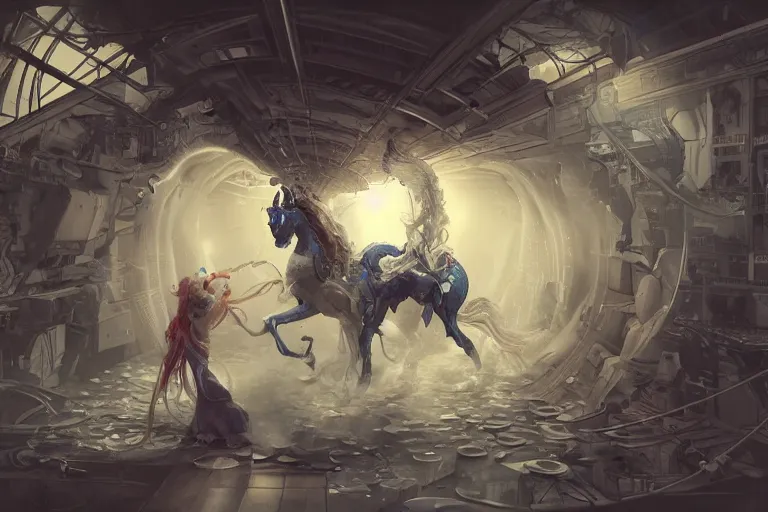 Image similar to hyperrealistic photography of a machine entering a Pegasus host in the style of Jin Kagetsu, James Jean and wlop, highly detailed, sharp focus, intricate concept art, digital painting, ambient lighting, 4k, artstation