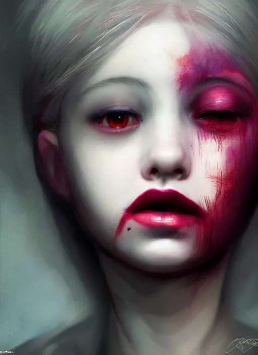Prompt: portrait of sinister girl with pouty aerochrome lips, bodachs, unforgivable, cute bandaid on nose!!, expressive eyes, full body, deathly skin, greg rutkowski, charlie bowater, yuumei, stephen gammell, unreal 5, daz, hyperrealistic, octane render, rpg portrait, dynamic lighting, fantasy art, beautiful face