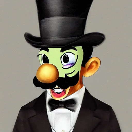 Image similar to dapper fancy luigi wearing a top hat, smirking deviously, painted by wlop