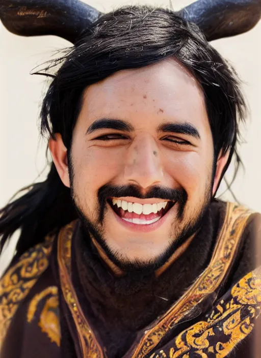 Prompt: a black haired young tauren with stubble, short hair, wearing brown robes, smiling, close up, portrait style, wisdom, photographic print, artgerm, hyper - realistic