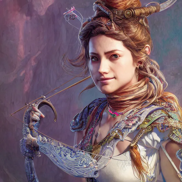 Image similar to the portrait of lawful neutral semi - colorful female archer huntress as absurdly beautiful, gorgeous, elegant, young woman, an ultrafine hyperdetailed illustration by kim jung gi, irakli nadar, intricate linework, bright colors, octopath traveler, final fantasy, unreal engine 5 highly rendered, global illumination, radiant light, detailed and intricate environment