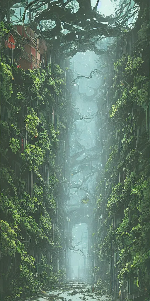 Image similar to abandoned overgrown old alley in hong kong, epic vines, illustration by niko delort,