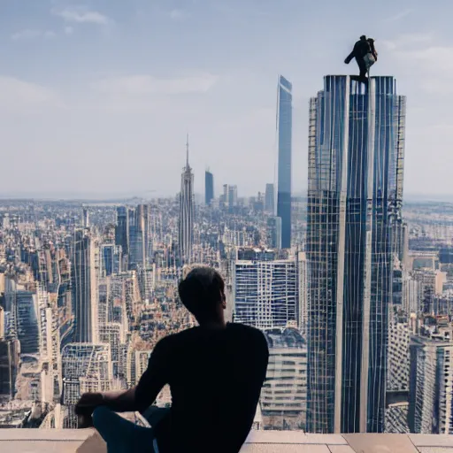 Image similar to a man sitting on the edge of a tall building. just observing