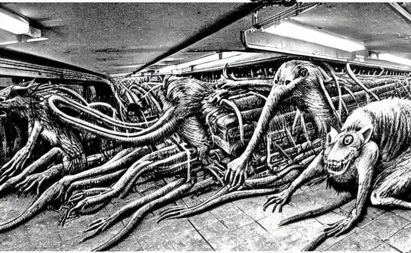 Image similar to very large giant mutant zombie irradiated ( angry rat ) staying on railways in tonnel of moscow subway. tonnel, railways, giant angry rat, furr, fangs, claws, very realistic. extreme long shot, herman nitsch and herman nitsch, giger.