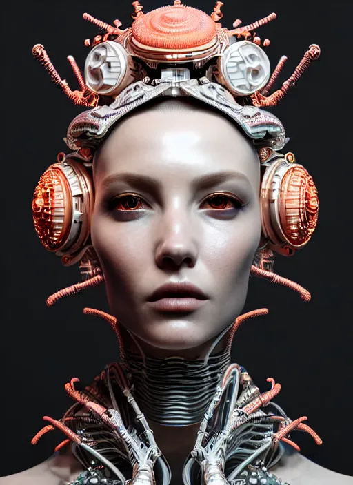 Image similar to portrait of an absurdly beautiful, graceful, sophisticated, fashionable cyberpunk mechanoid, hyperdetailed illustration by irakli nadar and alexandre ferra, intricate linework, white porcelain skin, faberge, coral headdress, unreal engine 5 highly rendered, global illumination, radiant light, detailed and intricate environment