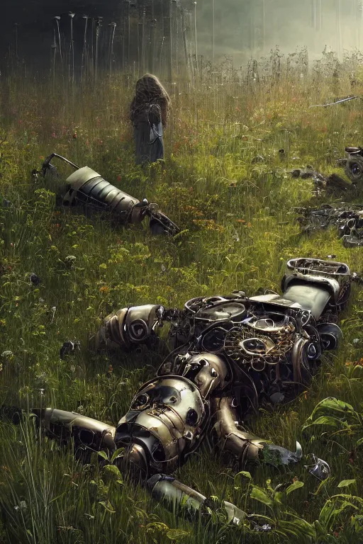 Prompt: a portrait of a broken mechanical steampunk robot laying in the meadow covered in plants by greg rutkowski, sung choi, mitchell mohrhauser, maciej kuciara, johnson ting, maxim verehin, peter konig, bloodborne, 8 k photorealistic, cinematic lighting, hd, high details, dramatic, dark atmosphere, trending on artstation