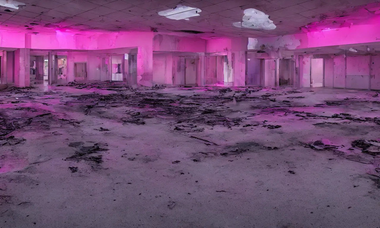 Image similar to backrooms abandoned mall, ominous neon pink and purple vaporwave lighting, moldy walls and shallow water, shadowy tall figures in the distance