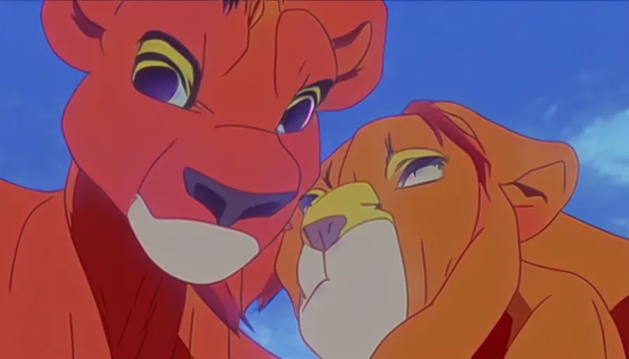 Image similar to simba from the lion king standing in tokyo - 3 in a long shot still from the anime neon genesis evangelion, 4 k, neon genesis evangelion official media, high quality, hideaki anno anime